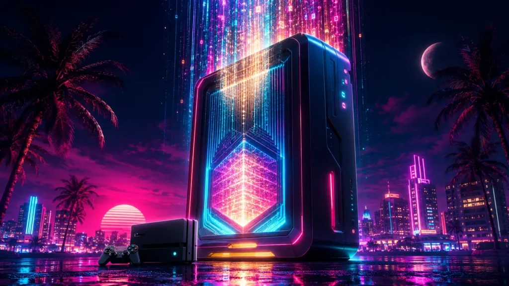 GTA 6 file size — data streaming down a neon monolith