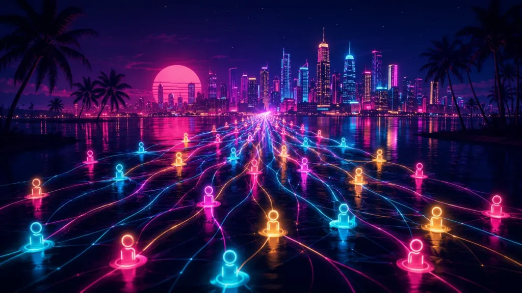 GTA 6 Online — neon city with connected multiplayer location pins