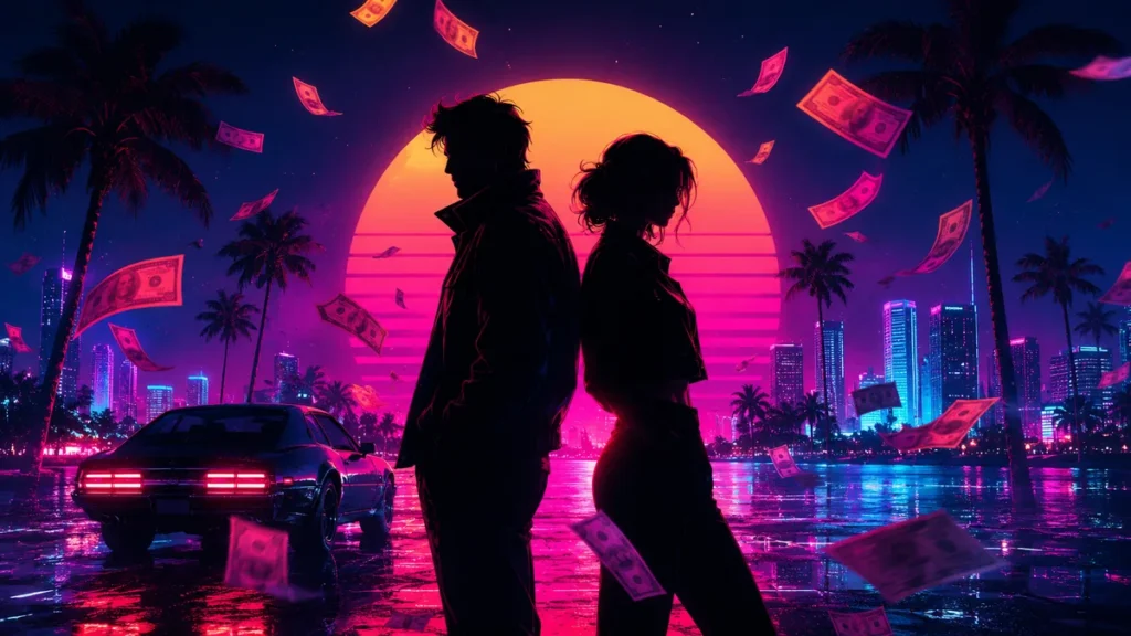 Jason and Lucia — two silhouettes facing off at neon sunset