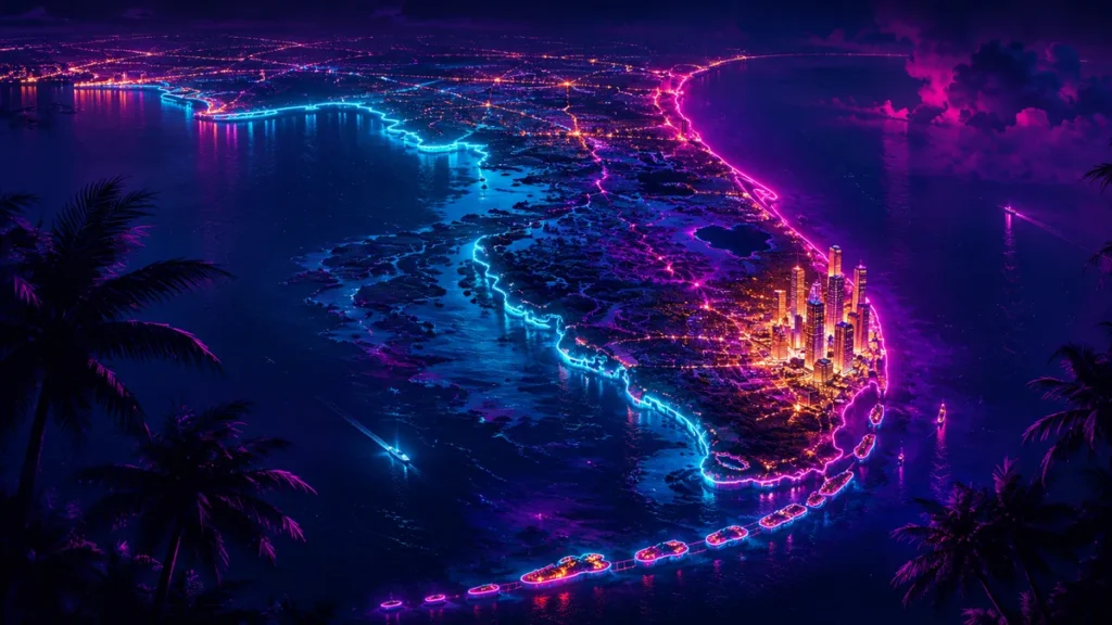 GTA 6 map of Leonida — neon night coastline of Florida