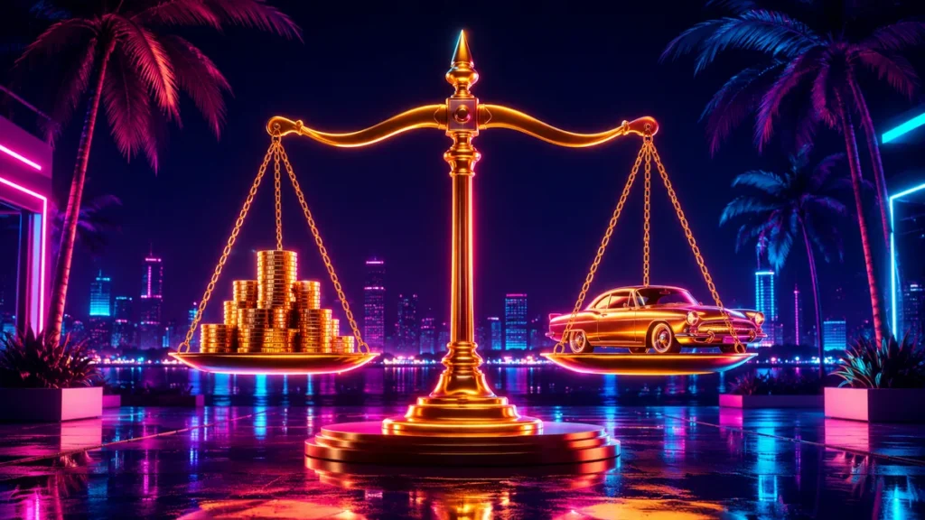 Neon golden scales weighing money against a car — is it worth it