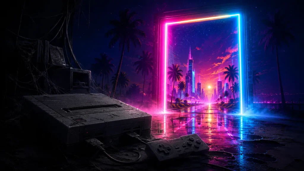Old-gen console beside a neon gateway it cannot enter