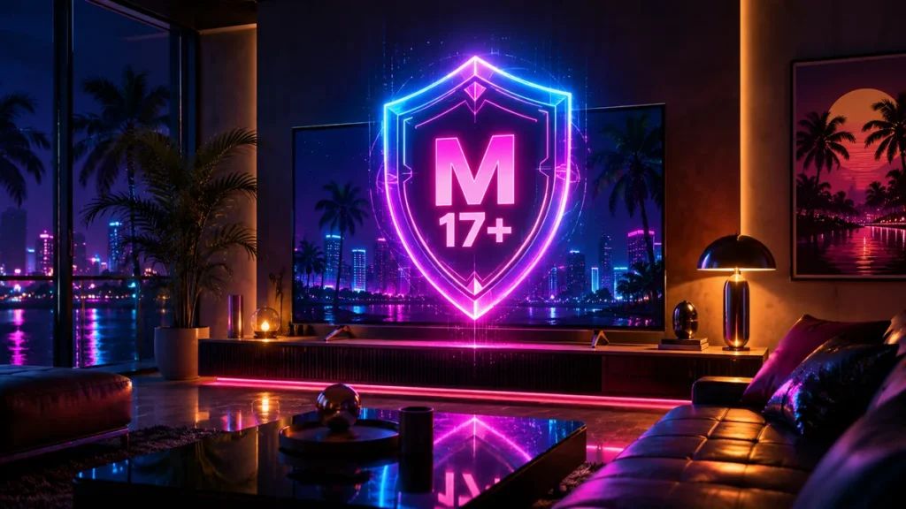 GTA 6 age rating M17+ shown on a living room TV