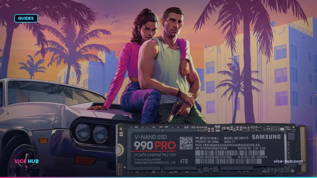 NVMe SSD with GTA 6 artwork illustrating required storage space