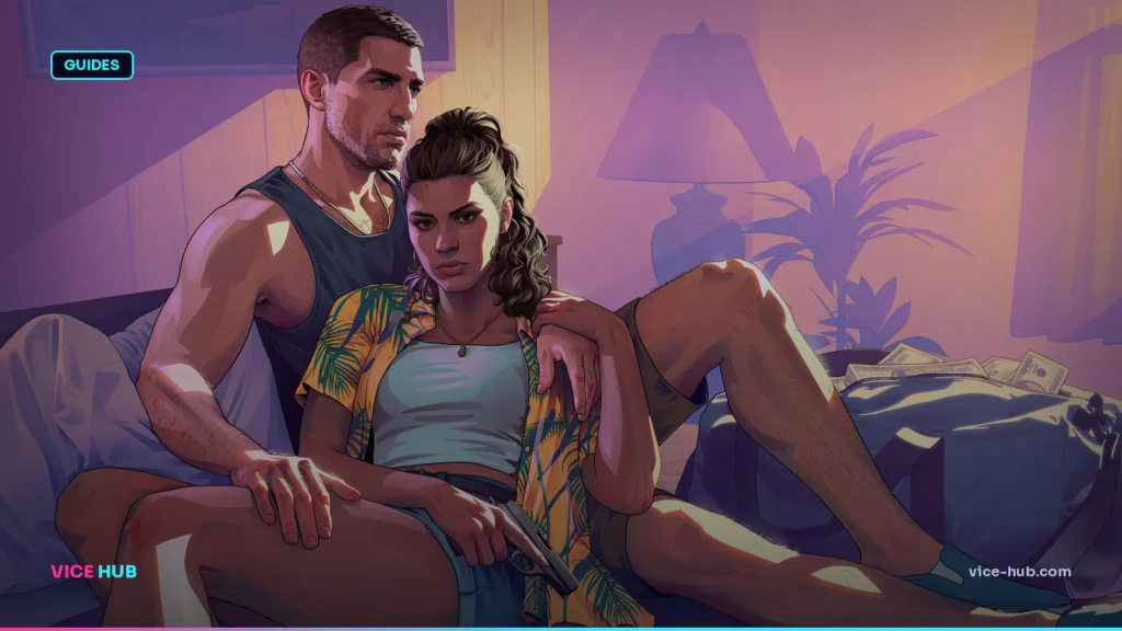 Jason and Lucia in restrained official GTA 6 character artwork