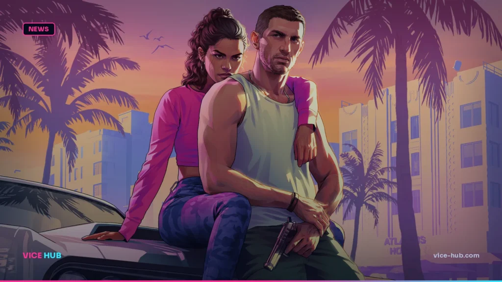 Jason, Lucia and a classic car in official Vice City artwork