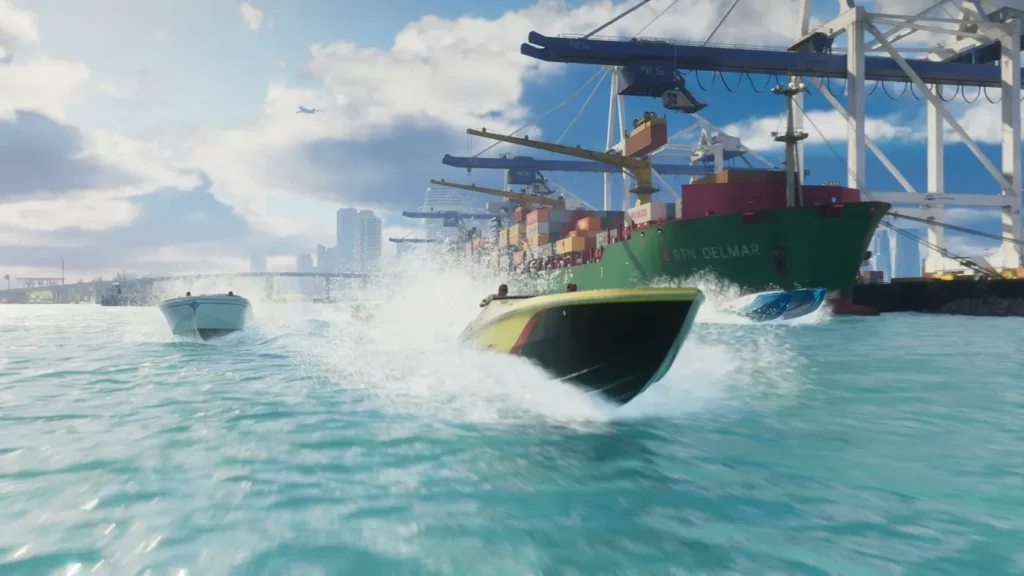 Speedboats racing through a Leonida port in official GTA 6 footage