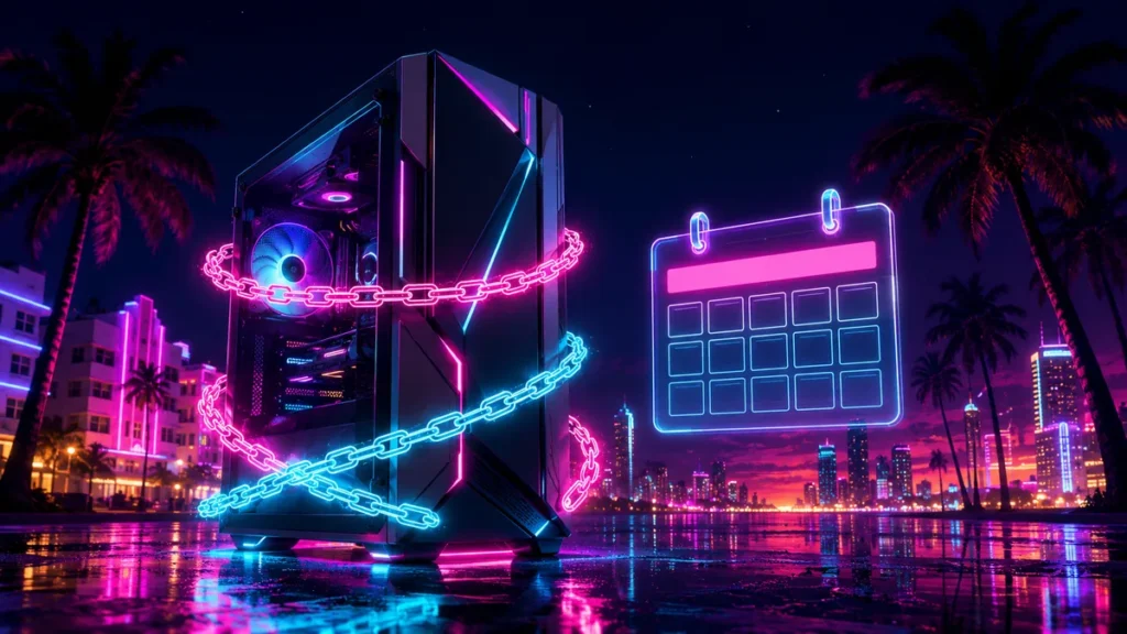 GTA 6 on PC — neon gaming tower with a release calendar