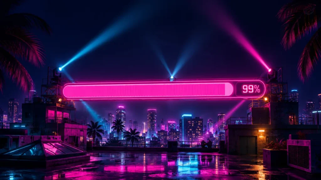 GTA 6 preload — neon download progress bar at 99 percent