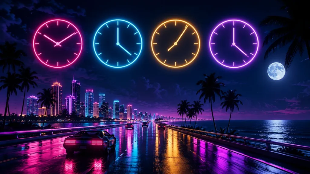 GTA 6 release time — neon clocks across US time zones
