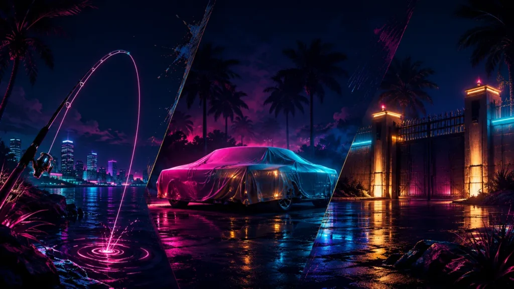 GTA 6 new features — fishing by a neon Vice City waterfront