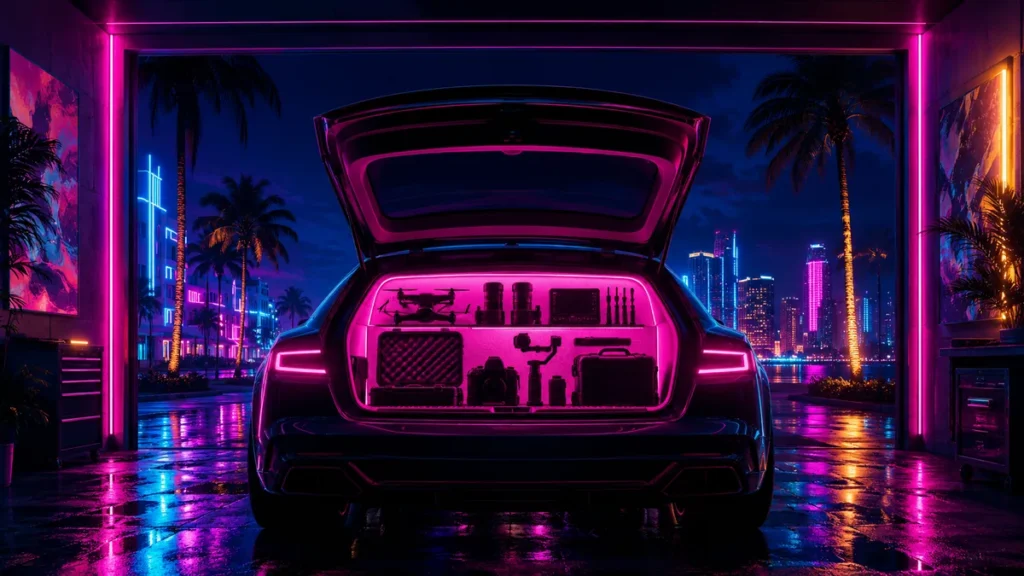 GTA 6 weapon loadout — car trunk of gear in neon night