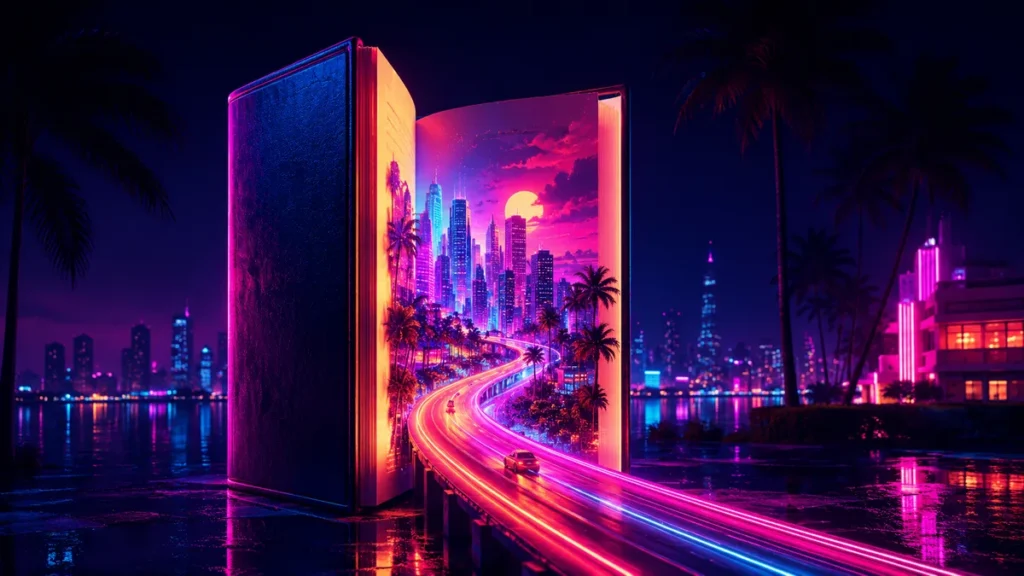 GTA 6 chapters — a neon world emerging from an open book