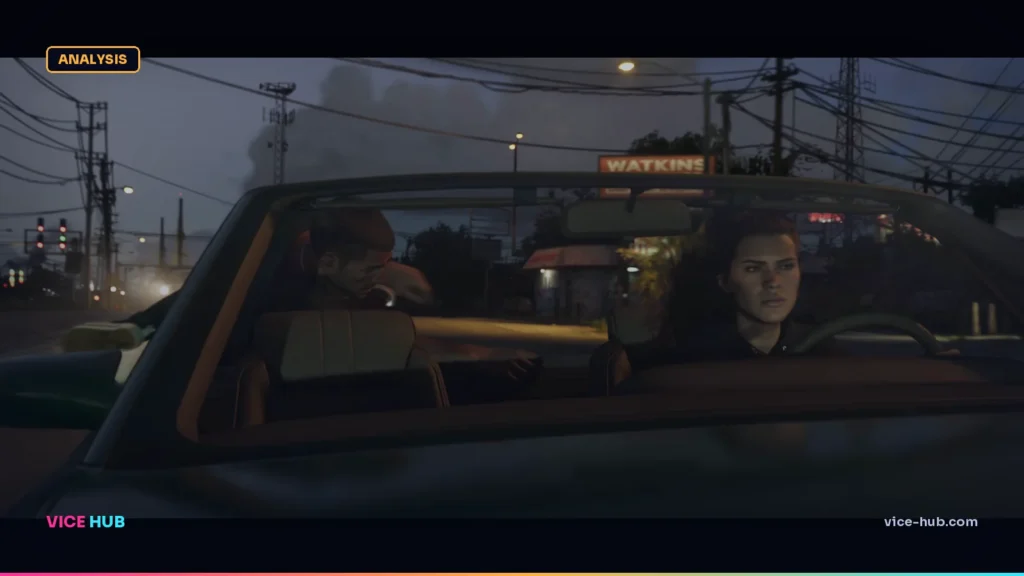 Jason and Lucia driving in footage captured from the official GTA 6 Trailer 2