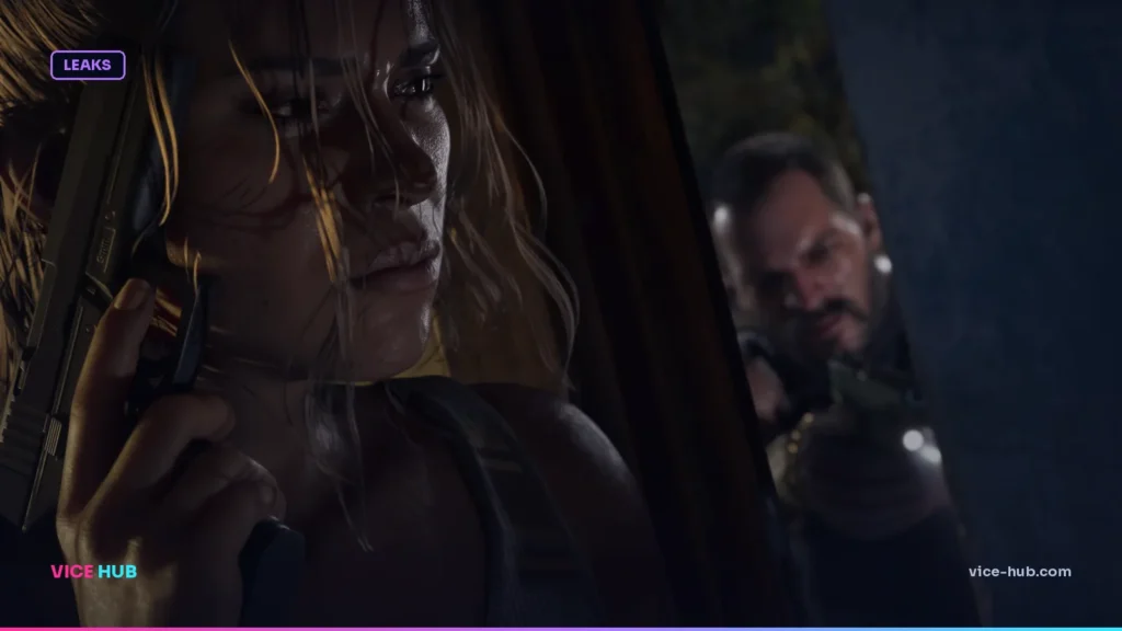 Lucia holding a handgun in an official GTA 6 screenshot
