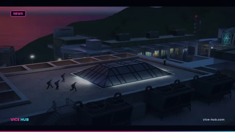 Heist crew crossing the Kortz Center rooftop at dusk in GTA Online