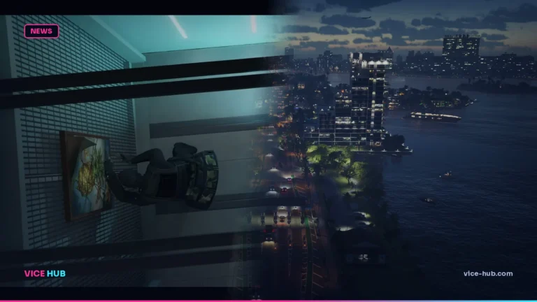 Split image: a thief stealing a painting in the Kortz Center gallery and the Vice City night skyline