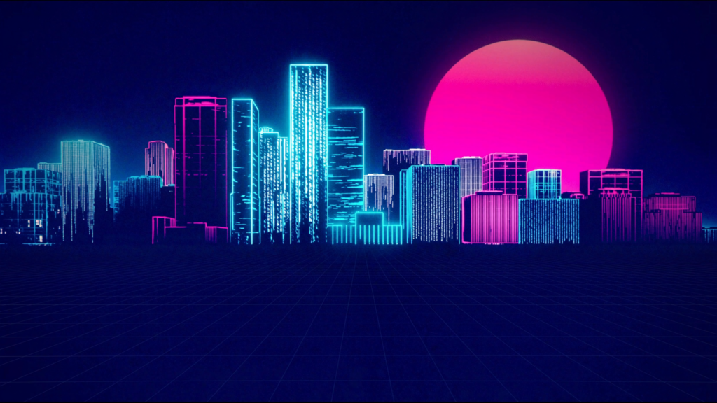 Retro synthwave neon city skyline