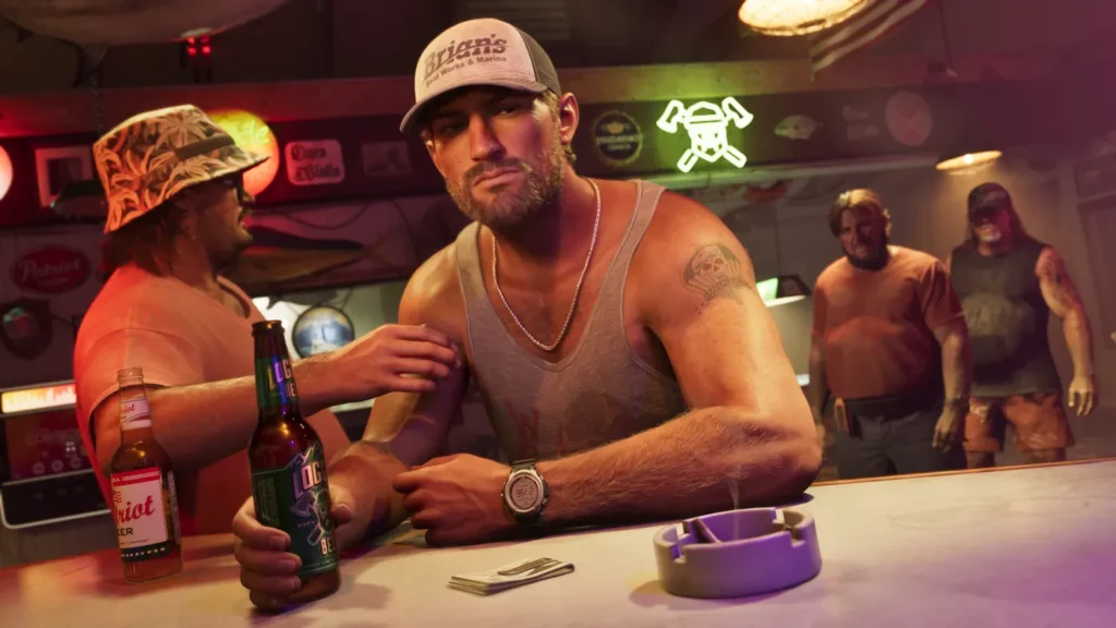 Jason Duval sitting at a neon-lit bar in an official GTA 6 screenshot