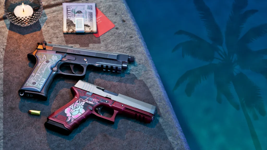 Personalized variants of Jason's ES9 and Lucia's K17 pistols beside a pool in official GTA VI media