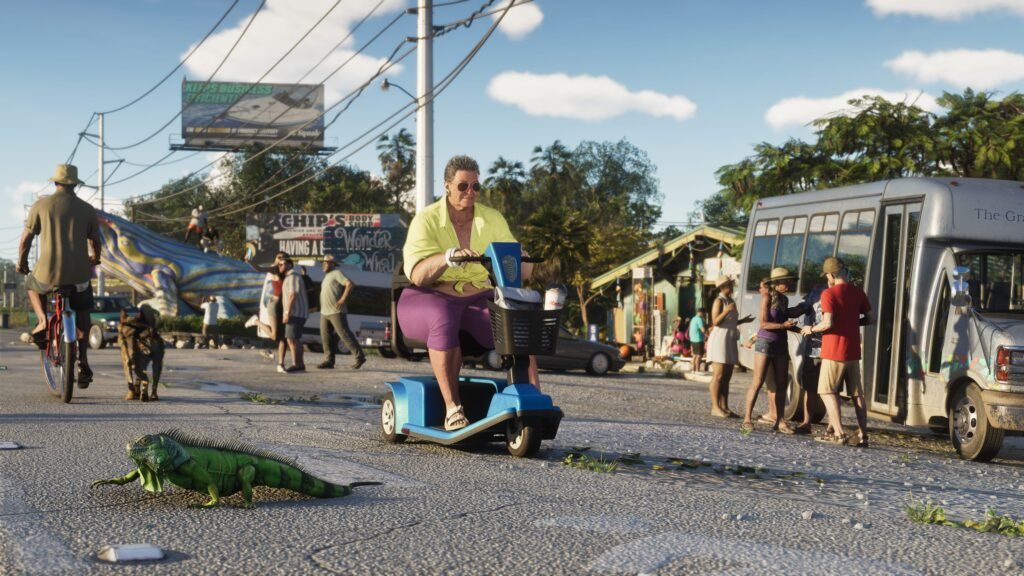 An iguana crossing a street beside residents and trailers in Leonida Keys.