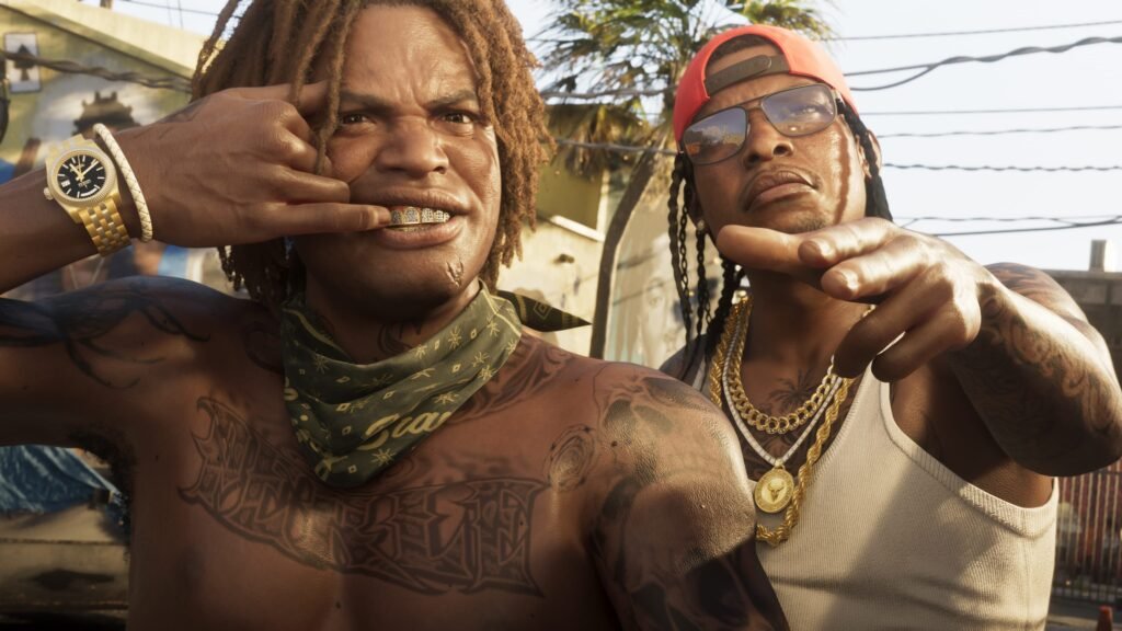 Two men posing outdoors in an official Vice City screenshot.