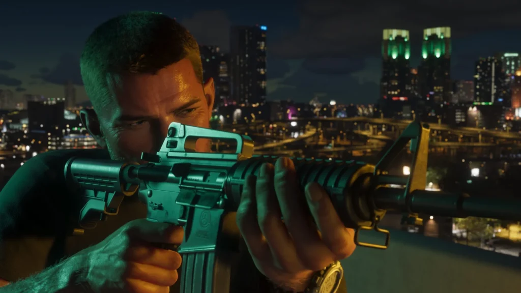 Jason aims a rifle over a brightly lit city skyline at night.