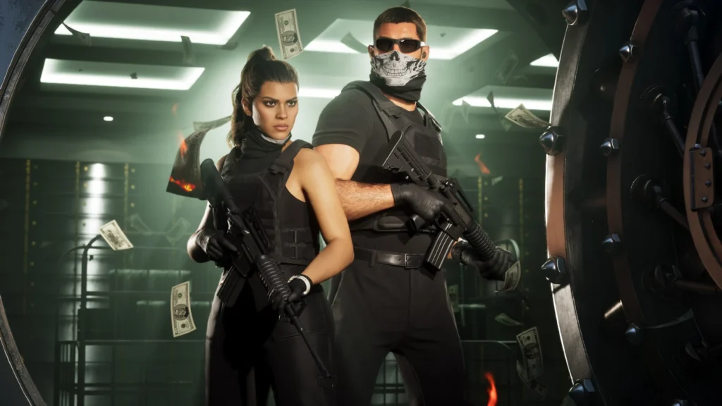Two armed characters stand inside a vault with banknotes flying around them.