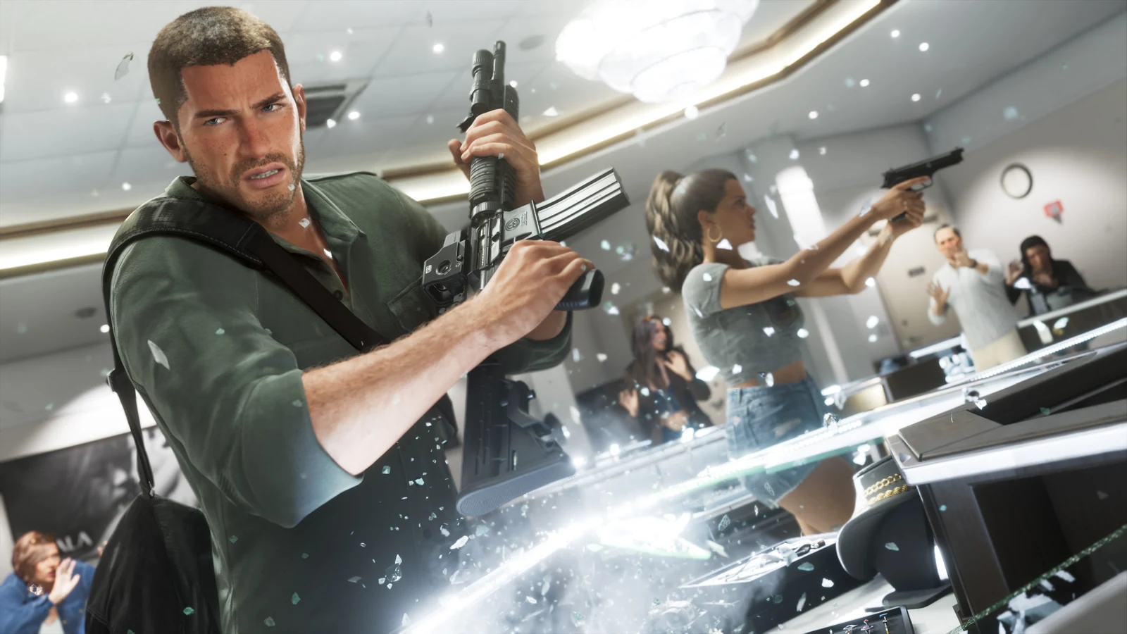 Jason holds a rifle as Lucia aims a handgun in a shattered jewelry store.