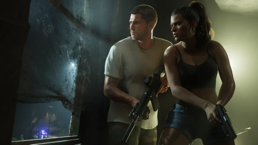 Jason and Lucia stand armed in a dim interior, with police lights visible through a window.