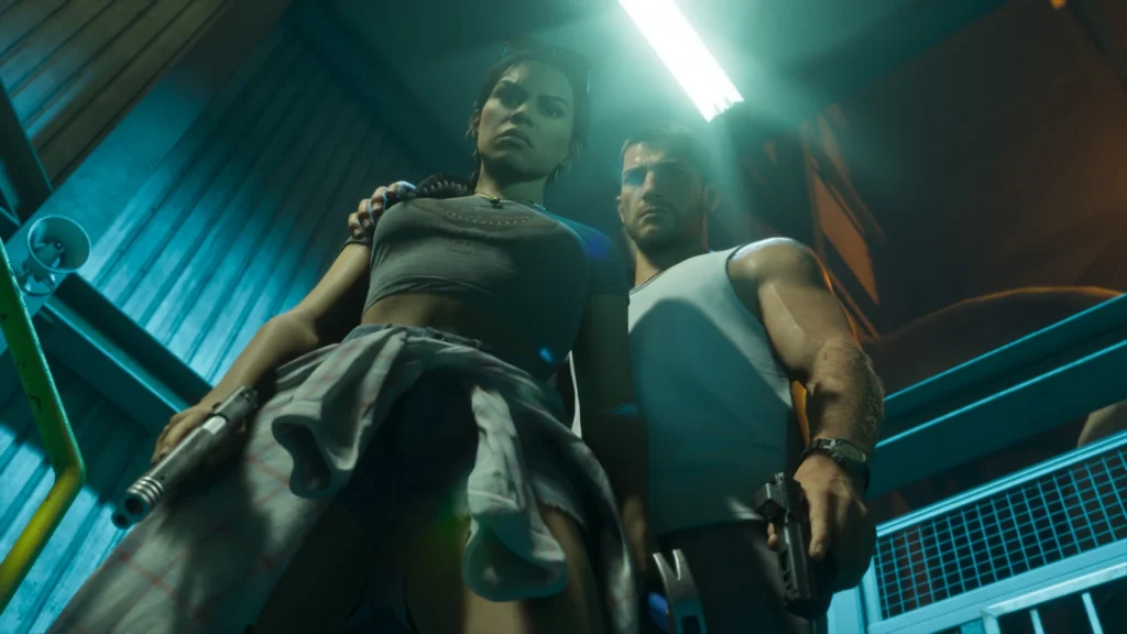 An armed woman and man stand on a metal stairway under harsh overhead light.