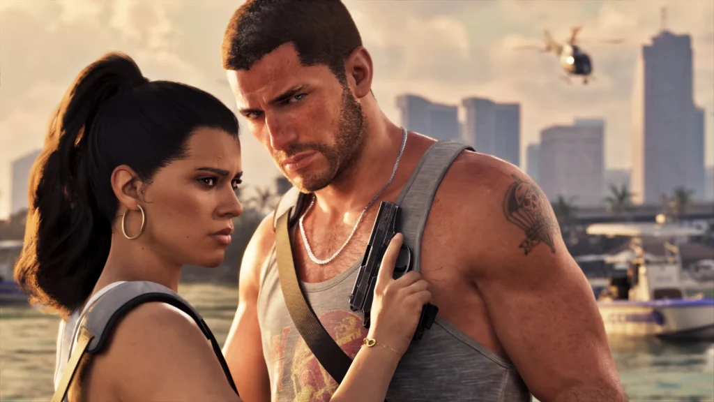 Jason and Lucia stand together by the water, with Jason holding a handgun.