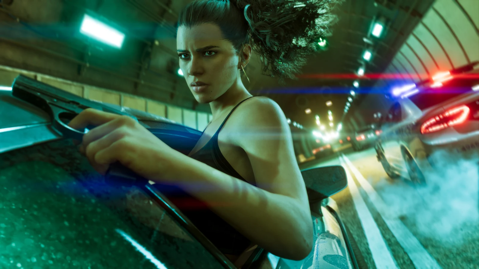 Woman holding a shotgun beside a car in a tunnel as a police vehicle approaches behind her.