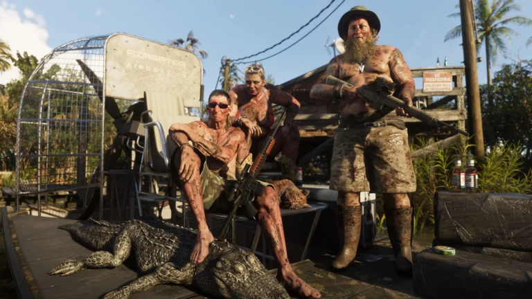 Three armed people stand beside an airboat and an alligator in a marsh.