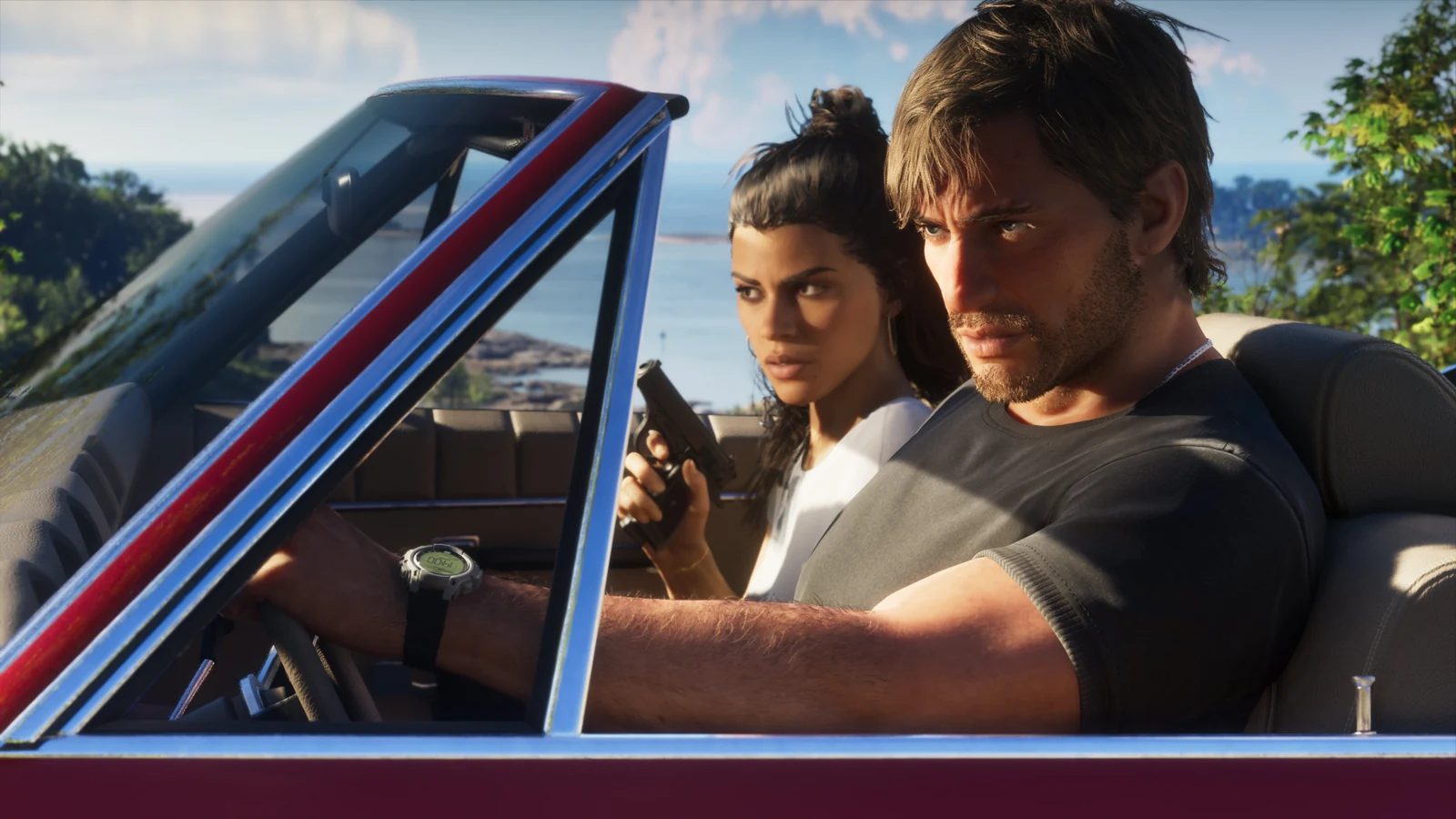 Jason drives a red convertible with Lucia beside him
