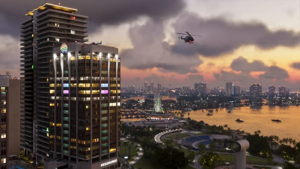 Helicopters fly above a sunset waterfront skyline with boats and a glowing Ferris wheel.